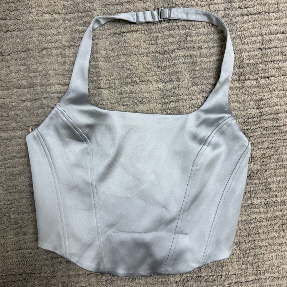 Wilfred Light Blue Satin Halter Corset Crop Top Small